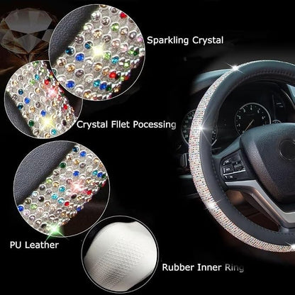 New Diamond Leather Steering Wheel Cover with Bling Bling Crystal Rhinestones, Universal Fit 15 Inch Car Wheel Protector for Women Girls Black with Colorful Diamonds