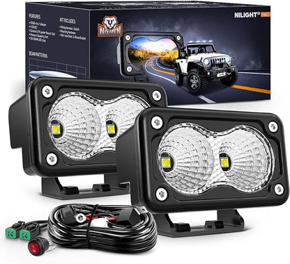 Nilight Motorcycle LED Pods 2 PCS 3 Inch Flood Offroad Fog Light 1160LM Driving Auxiliary Lights w/18AWG DT Wiring Harness Kit for ATV Truck Boat Tractor Forklift