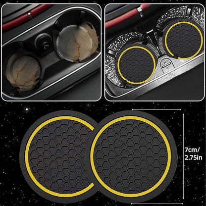 NBTEPEM 6 Pcs Yellow Car Accessories Set, Sport Leather Steering Wheel Cover 14.5-15inch Universal, Microfiber Leather Car Center Console Cover, Seat Belt Cushion, Cup Holder Coaster (Black-Yellow)