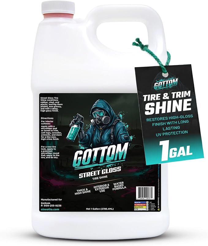 Gottom Tire & Trim Shine – 128oz, Scented Boosted Colada - Ultra High Gloss for Plastic Trim & Wheels – Water-Based Dressing – Car Tire Cleaner & Dressing – Car Detailing Supplies