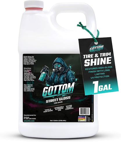 Gottom Tire & Trim Shine – 128oz, Scented Boosted Colada - Ultra High Gloss for Plastic Trim & Wheels – Water-Based Dressing – Car Tire Cleaner & Dressing – Car Detailing Supplies