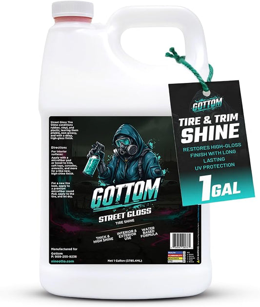Gottom Tire & Trim Shine – 128oz, Scented Boosted Colada - Ultra High Gloss for Plastic Trim & Wheels – Water-Based Dressing – Car Tire Cleaner & Dressing – Car Detailing Supplies