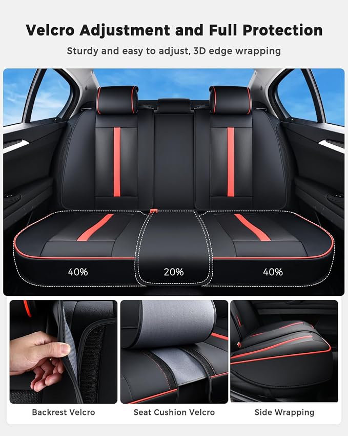 Huidasource Rear seat Cover Luxury Nappa Leather, Back seat Cover with Velcro Adjustable, Ventilation Holes, Seat Belts, Child Seats, Car Cover Seat Universal Fit for Most Cars SUV Trucks, Black＆Red