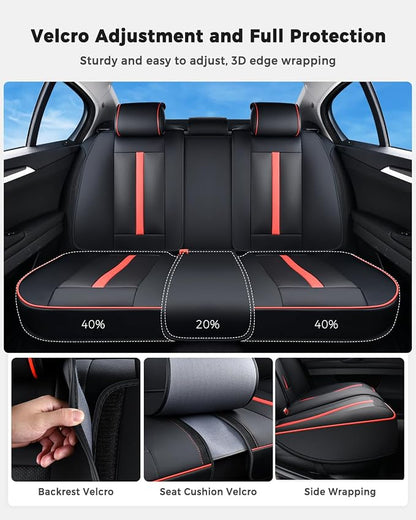Huidasource Rear seat Cover Luxury Nappa Leather, Back seat Cover with Velcro Adjustable, Ventilation Holes, Seat Belts, Child Seats, Car Cover Seat Universal Fit for Most Cars SUV Trucks, Black＆Red