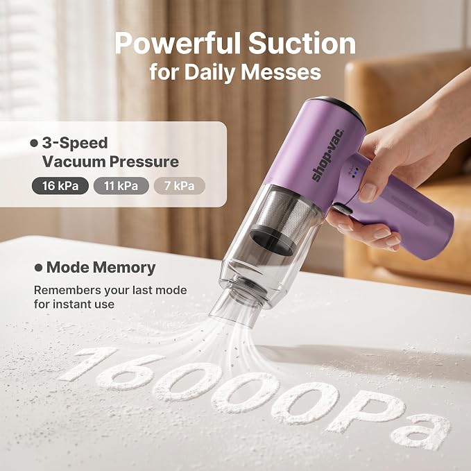 Shop-Vac S4 Handheld Car Vacuum Cleaner Cordless, 16000Pa 3-in-1 Mini Hand Vacuum & Air Duster with Brushless Motor, Multi-Nozzles, Rechargeable, for Car, Office, and Home Detail Cleaning (Purple)