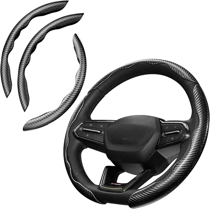 3 Piece Carbon Fiber Steering Wheel Cover, Car Steering Wheel Cover for Men/Women, Anti-Slip, Comfortable Grip, Durable, Universal for 99% Car Interior Accessories (Black)