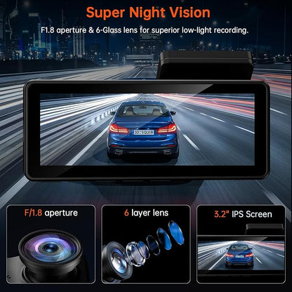 Dash Cam Front and Rear, 4K+4K Dash Camera for Cars, Daul Car Camera with 64GB Card, Dashcam with 3" IPS Display, Loop Recording, Night Vision, 24H Parking Mode