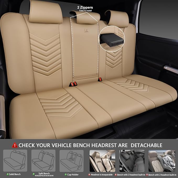 CAR PASS 3D Foam Faux Leather Seat Covers Full Set,Waterproof Tan Leather Seat Cover for Cars,Luxury Universal Fit Anti-Slip for SUV Truck Sedan Automotive,Armrest Airbag Compatible,All Beige