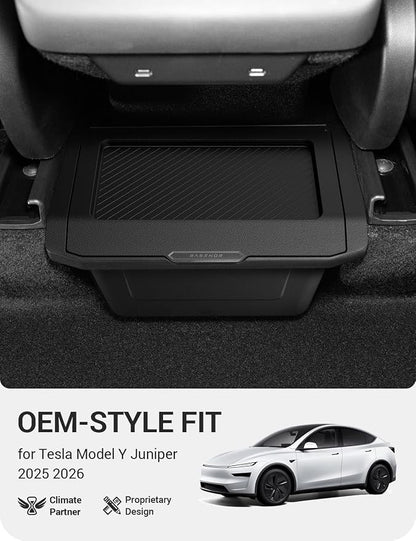 BASENOR Tesla Model Y Juniper Rear Center Console Organizer, TPE Dustproof Trash Can with Anti-Slip Lid, Garbage Bin Backseat Storage Box for 2025 2026 Model Y