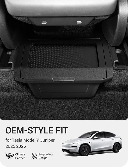 BASENOR Tesla Model Y Juniper Rear Center Console Organizer, TPE Dustproof Trash Can with Anti-Slip Lid, Garbage Bin Backseat Storage Box for 2025 2026 Model Y