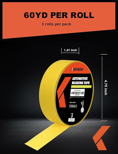 KREFINISH Professional Auto Body Painters Tape, Yellow, 1.41in x 60 yards/3 Rolls, Heat Resistant, No Residue, UV & Moisture Resistant, Ideal for Auto Body Painting, Cars, Trucks, Motorcycles