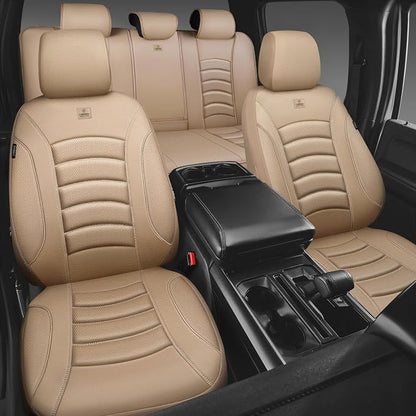 CAR PASS 3D Foam PU Leather Car Seat Covers, Universal Seat Covers Full Sets for Trucks SUV Sedan Automotive Seat Covers Armrest Airbag Compatible Waterproof Comfortable Faux Nappa Leather All Beige