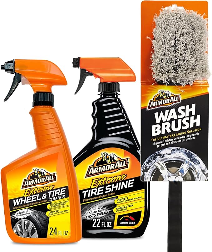 Armor All Wheel Cleaner and Tire Shine Kit, Heavy Duty Car Wheel Cleaner, Extreme Tire Shine Spray and Wash Brush - 3 Count