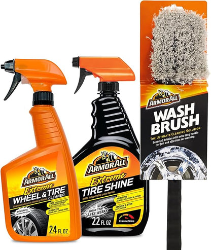 Armor All Wheel Cleaner and Tire Shine Kit, Heavy Duty Car Wheel Cleaner, Extreme Tire Shine Spray and Wash Brush - 3 Count