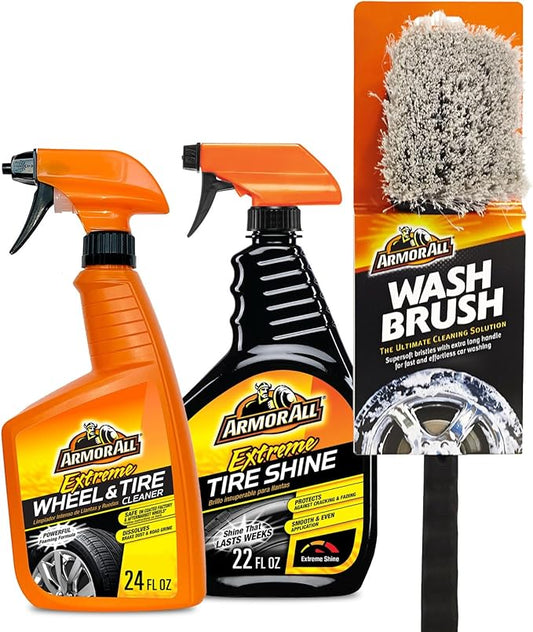 Armor All Wheel Cleaner and Tire Shine Kit, Heavy Duty Car Wheel Cleaner, Extreme Tire Shine Spray and Wash Brush - 3 Count