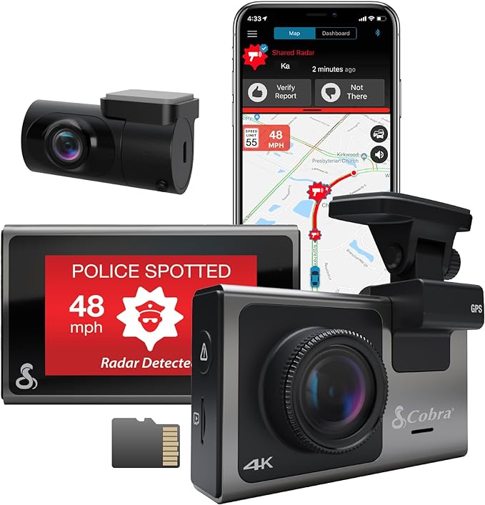 Cobra Smart Dash Cam + Rear Cam (SC 400D) – UHD 4K Resolution, 3-Camera Capable, Live Police Alerts, Emergency Mayday, Drive Smarter App, 3" Touchscreen, Wi-Fi & GPS, 32GB SD Card Incl
