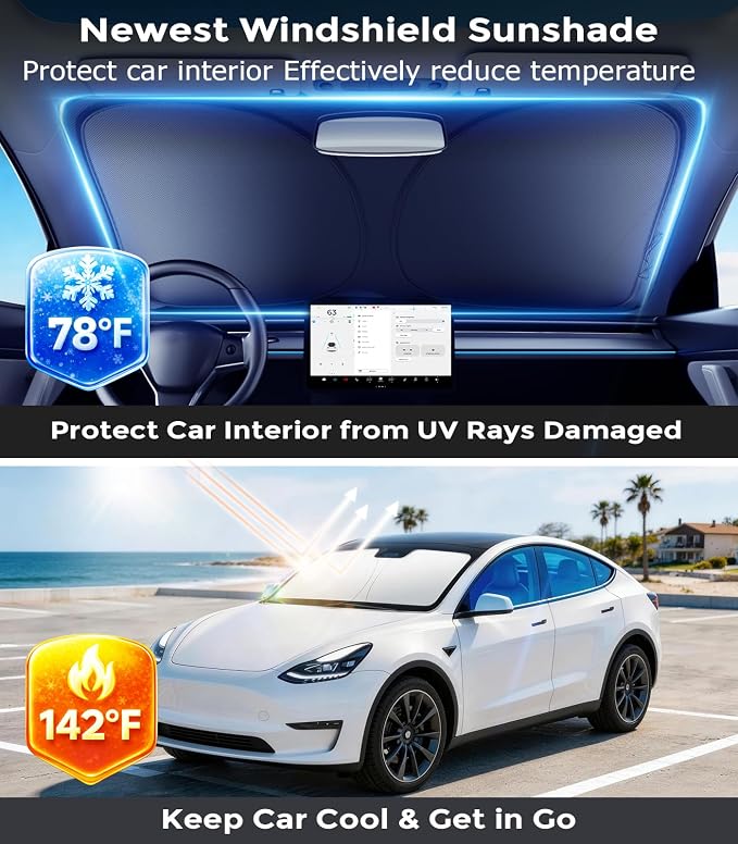 DMJN Front Windshield Sun Shade for Universal Medium Size, [Nano Ice-Crystal Coatings] UPF50+ Heat & UV Block, Protect Car Interior & Keep Cool, Flodable Steel-Ring Car Cover for Summer