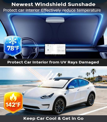 DMJN Front Windshield Sun Shade for Universal Medium Size, [Nano Ice-Crystal Coatings] UPF50+ Heat & UV Block, Protect Car Interior & Keep Cool, Flodable Steel-Ring Car Cover for Summer