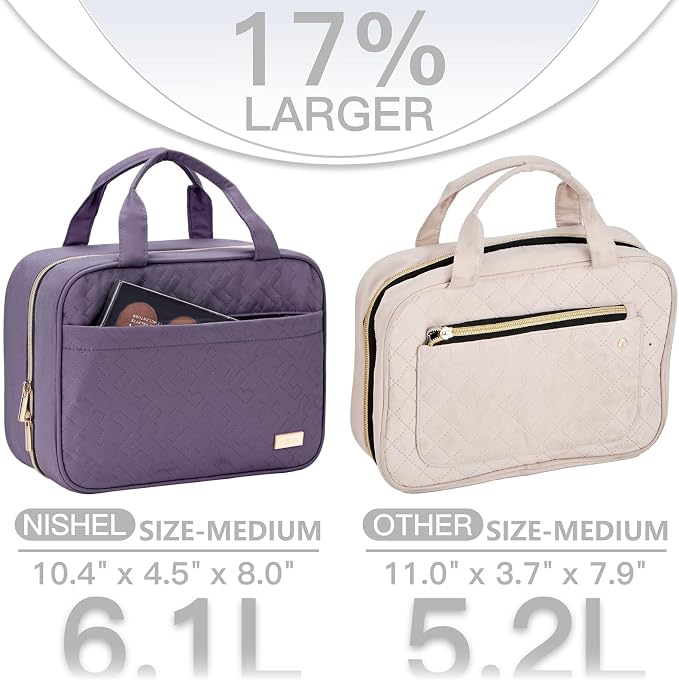 NISHEL Travel Toiletry Bag for women, Portable Hanging Organizer for Travel-Sized Shampoo, Conditioner, Brushes Set, Makeup Accessories, Medium Size, Purple