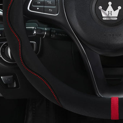 HighnessHwoo Luxury Suede Steering Wheel Cover for Cars, Soft Leather Padded Wheels Cover for Sedan, SUV, Thin Car Handle Cover, Universal Fit, Anti Slip, 14.75-15.15in, Black