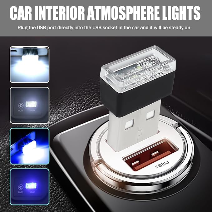 4 PCS USB LED Car Interior Atmosphere Lamp, Portable Mini Auto LED Decor Night Light, Plug-in USB Interface Ambient Lighting Kit, Universal Car Interior Accessories(White+Blue)