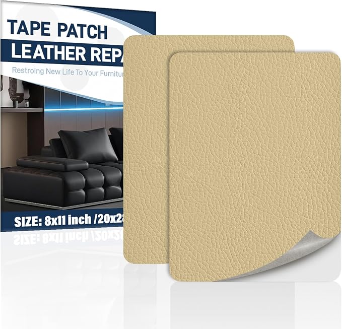 Zenyao Leather Repair Patch Tape - Self Adhesive Leather Repair Kit for Car Seat Furniture, Vinyl Repair Patch for Couch Sofa, Waterproof Fix for Tears, 8x11 Inch Sheet, 2 Pieces, White Khaki