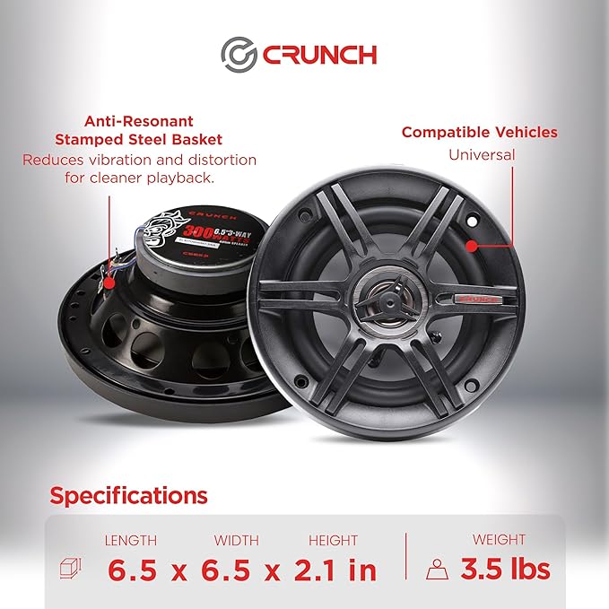 Crunch 2 Pair 6.5 Inch Car Audio Speakers, 300 Watt MAX 3 Way Full Range Speaker Set with 1 Inch Tweeter & Spade Terminal Connectors, CS-653