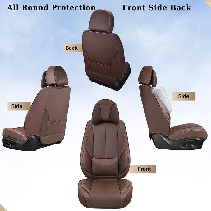 Coverado Front and Back Seat Covers, 5 Pieces Waterproof Nappa Leather Auto Seat Protectors Full Set with Head Pillow, Universal Car Accessories Fit for Most Sedans SUV Pick-up Truck, Brown