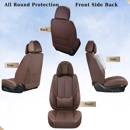 Coverado Front and Back Seat Covers, 5 Pieces Waterproof Nappa Leather Auto Seat Protectors Full Set with Head Pillow, Universal Car Accessories Fit for Most Sedans SUV Pick-up Truck, Brown