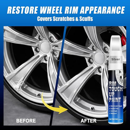 Silver Rim Touch Up Paint, 2-in-1 Brush & Tip, 0.4 fl oz - Universal Silver Rim Curb Rash Repair Kit for Scratches, Scuffs Alloy/Metal Wheels, OEM Color Match, Quick-Dry & Long-Lasting