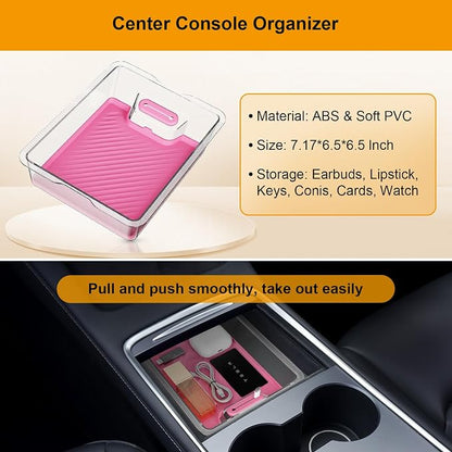 Pink Center Console Organizer 5PCS for Tesla Model Y Accessories 2024-2020 (Not Fit Juniper) Armrest Storage Tray with Hidden Box, Cup Holder Insert & Under Seat Storage - Custom Fit Interior Decor
