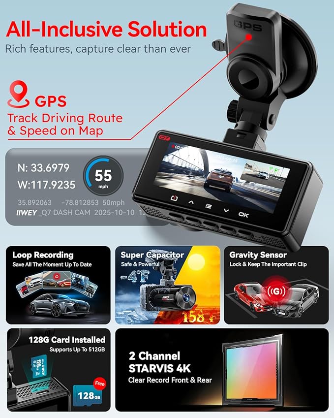IIWEY 4K+4K Dash Cam Front and Rear, Dual STARVIS Sensor, 5G WiFi-6 (up to 20MB/s) with App, 128G SD Card Included, GPS, Dash Camera for Cars with 24/7 Parking Mode, 3.18 Inch IPS, 170° Wide Angle