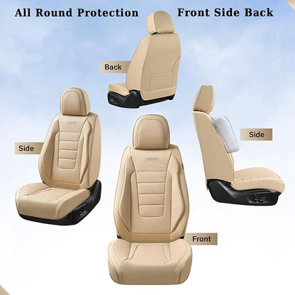Coverado Front and Back Seat Covers for Cars, Nappa Leather Car Seat Covers, Automotive Seat Covers for Trucks, 5 Seats Waterproof Carseat Protector Car Seat Cover Beige, Universal Fit for Most Cars