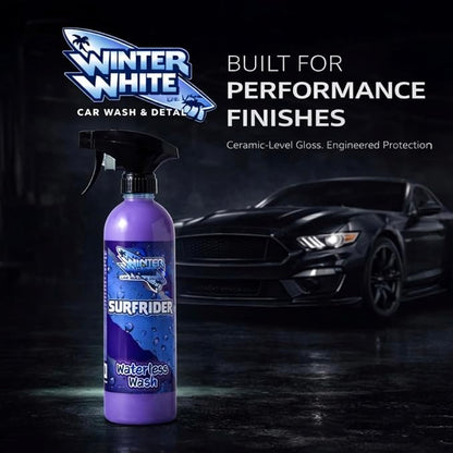 Winter White SURFRIDER Waterless Car Wash Spray – High gloss, scratch-free formula for all surfaces. Cleans, shines, and protects with UV defense. 2-pack of 16oz bottles for pro results anytime!