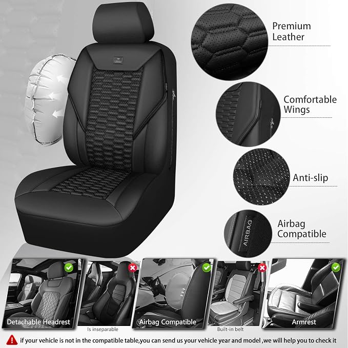 CAR PASS 3D Foam PU Leather Car Seat Covers Full Set,Luxury Breathable Faux Leather Seat Covers for Car,Anti Slip Universal Fit for SUVs Vans Sedan Truck Automotive,Armrest Airbag Compatible All Black