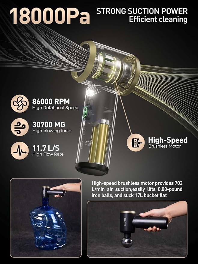 Y8-Max Car Vacuum Cordless Portable with LED Light, 18000PA Powerful Suction, 5-in-1 Mini Vacuum Cleaner & Compressed Air Duster Blower, Handheld Vacuum for Home, PC Keyboard, Pet Hair