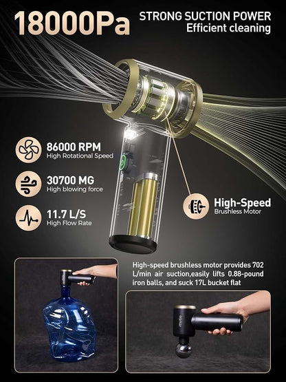 Y8-Max Car Vacuum Cordless Portable with LED Light, 18000PA Powerful Suction, 5-in-1 Mini Vacuum Cleaner & Compressed Air Duster Blower, Handheld Vacuum for Home, PC Keyboard, Pet Hair