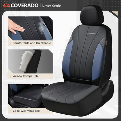 Coverado Car Seat Covers Full Set, 5 Seats Waterproof Nappa Leather Automotive Seat Protectors, Front & Rear Luxury Mesh Seat Covers, All-Weather Universal Fit for Most Cars SUVs, Trucks, Blue&Black
