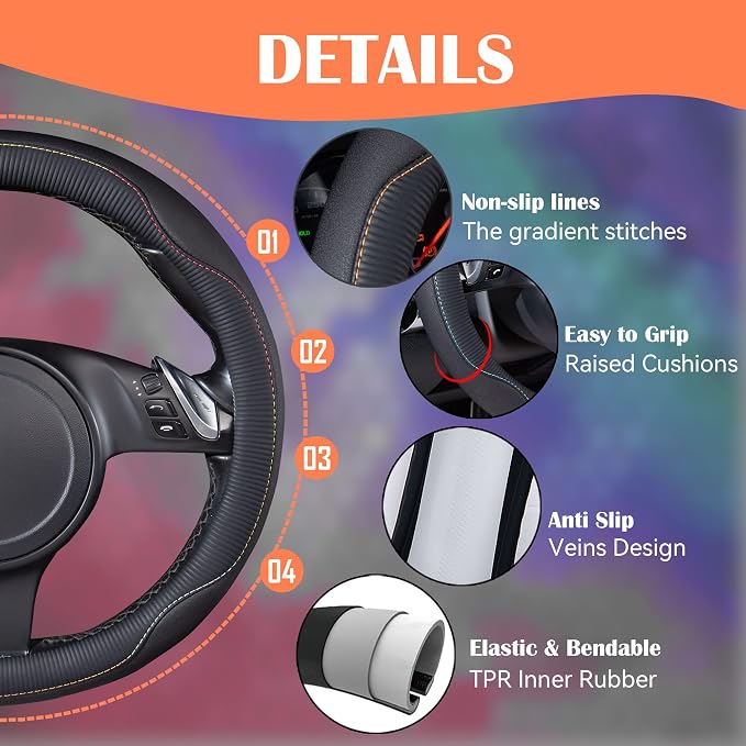 CAR PASS Colour Piping Leather Universal Fit Steering Wheel Cover,Perfectly fit for 14.5-15 inches for Various Vehicles Suvs,Vans,Trucks,Sedans,Cars(Black Multicolor)