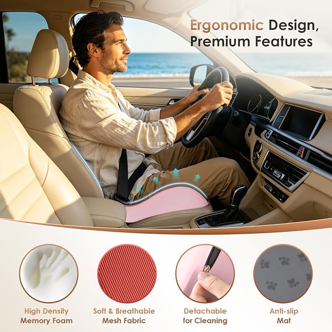 FLORICH Upgrade Large Car Seat Cushion for Long Sitting, Ergonomic Memory Foam Driving Seat Cushion for Back & Sciatica Pain Relief, Non-Slip Washable Seat Cushion for Car, Driver, Office-Pink