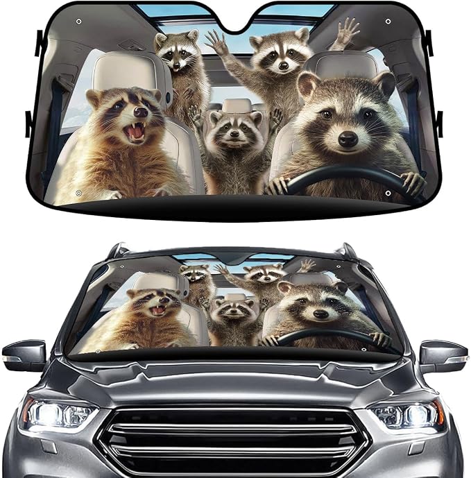 GENANY Raccoon Windshield Cover for Car SUV Truck (55x30 Inches), Foldable Heat Shield, Shades for Front Windows, Protector Blocks UV, Car Decor