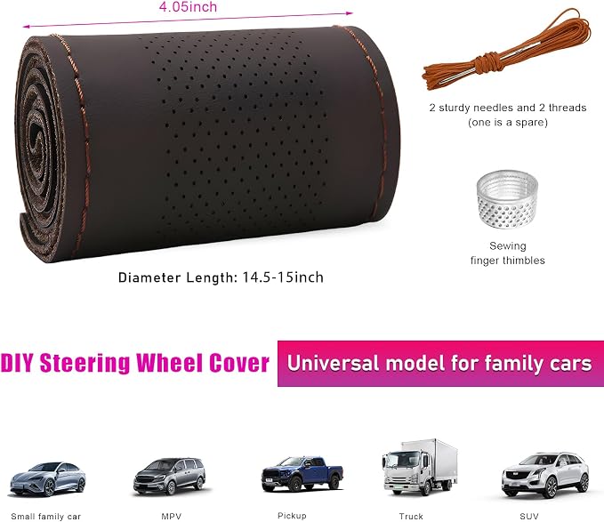 Ziciner Genuine Leather Steering Wheel Cover, Stitch on Wrap, Breathable Anti-Slip Car Steering Wheel Protector for Max Diameter 15 Inch, DIY Sewing with Needles Thread (Coffee, Middle Hole)
