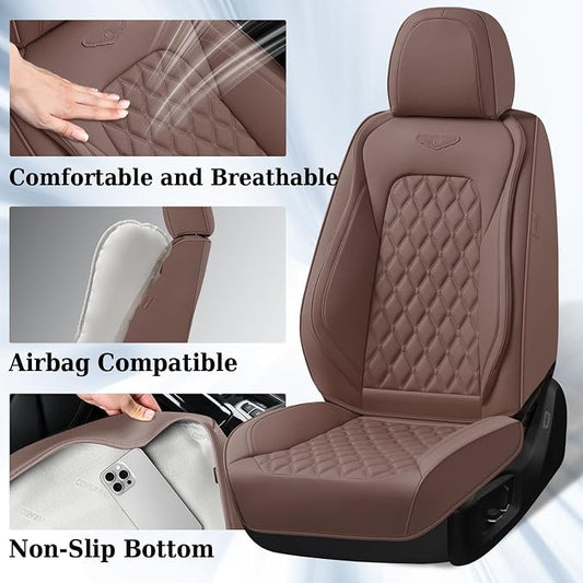 Coverado Front Seat Covers, Luxury Faux Leather Durable Anti-Scratch Cushions, Universal Fit for Cars, SUVs, Pickups, Waterproof Automotive Seat Covers, Car Accessories – Brown