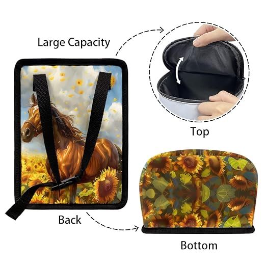 Talayituse Horse Sunflower Print Car Trash Can, Portable Auto Garbage Bin Multifunctional Vehicle Interior Accessories with Adjustable Straps Universal Fit Truck SUV Sedan