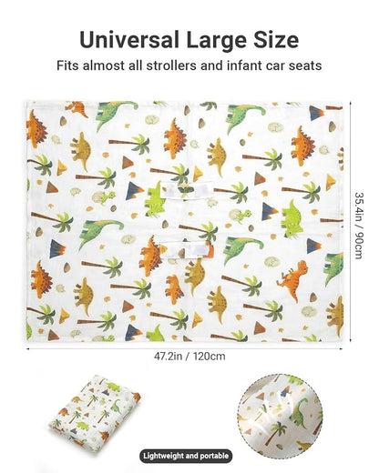 Rquite Baby Boy Car Seat Cover, 100% Muslin Cotton Infant Carseat Canopy, Soft Breathable Stroller Sun Shade & Newborn Shower Gift, Large Size Universal Fit Summer, Hot & Warm Weather (Green Dinosaur)