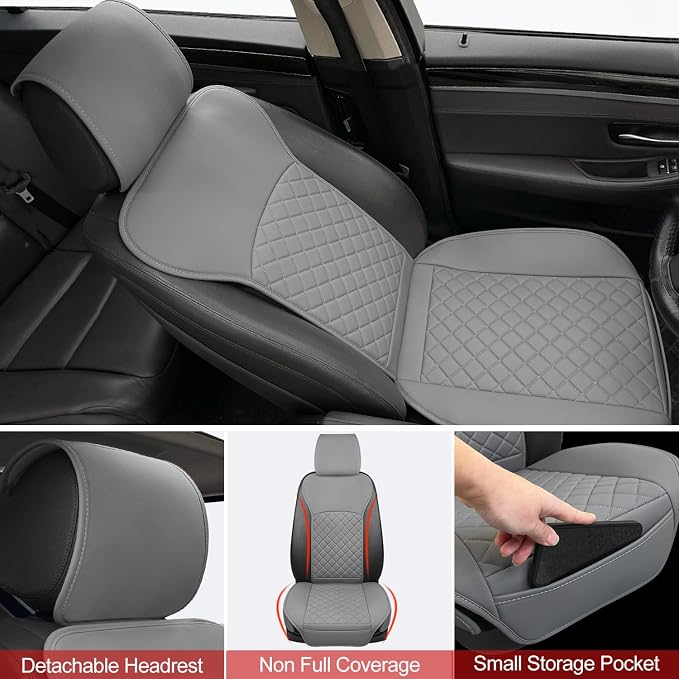 BEITK 2 Pack Leather Front Seat Covers, Universal Sideless Car Seat Protectors, Waterproof Automotive Seat Cover for Most Cars Trucks SUV(Gray)