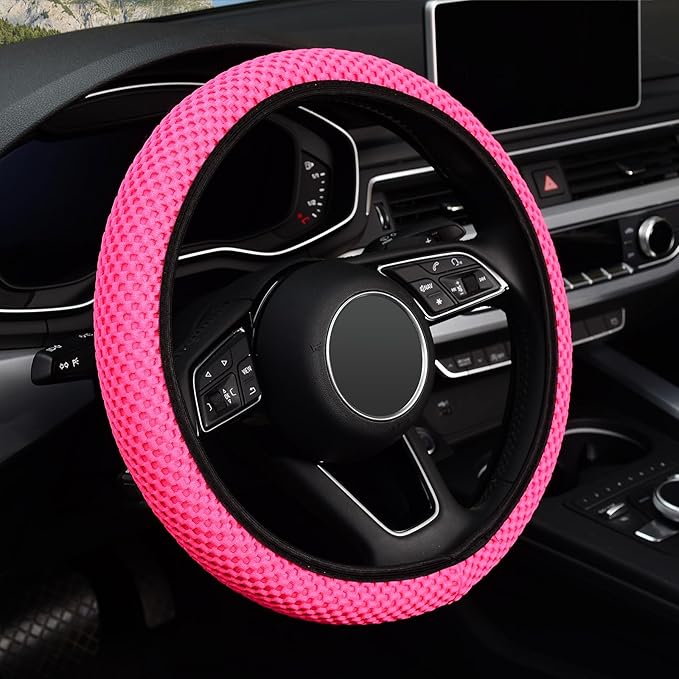 KAFEEK Elastic Stretch Steering Wheel Cover 15 Inch, Breathable Ice Silk Microfiber, Non-Slip Grip, Warm in Winter and Cool in Summer, Odorless, Car Accessories Fit Cars, SUVs, Rose Red