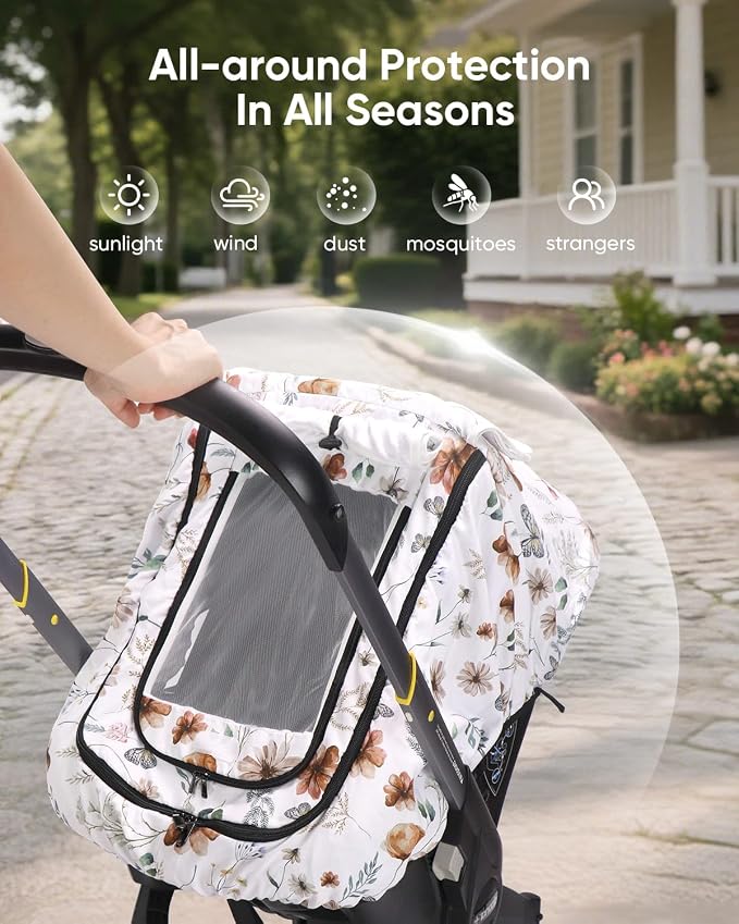 Car Seat Cover Baby Girls, Infant Car Seat Canopy Outdoor, 2 Layers with Mesh and Sun Shade Window for Summer Winter, Easy Access Carseat Covers Snug Fit Baby Stroller - Brown Wildflower
