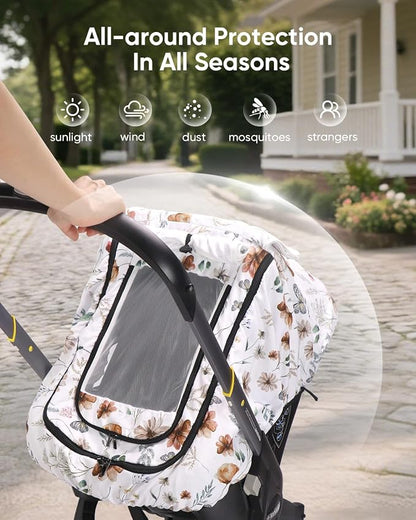 Car Seat Cover Baby Girls, Infant Car Seat Canopy Outdoor, 2 Layers with Mesh and Sun Shade Window for Summer Winter, Easy Access Carseat Covers Snug Fit Baby Stroller - Brown Wildflower