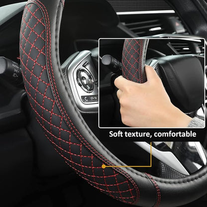 West Llama Customized Auto Car Steering Wheel Cover for Honda Civic, CR-Z, Insight, S2000, 14" - 14.25" (Diamond Quilted-Black+Red-Small Size)
